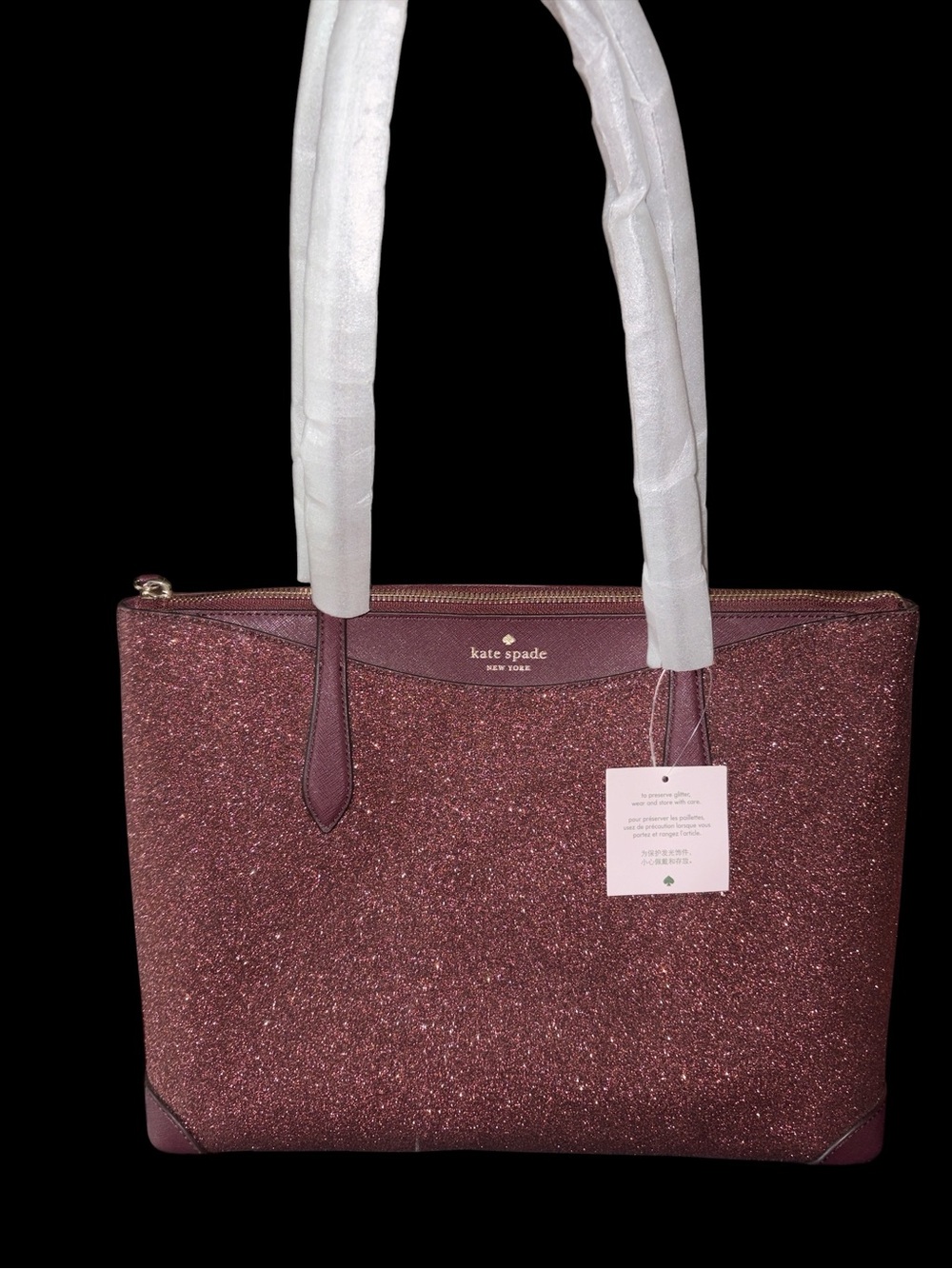 NWT Kate Spade Large Glitter Fabric Tote in Deep Nova burgundy
